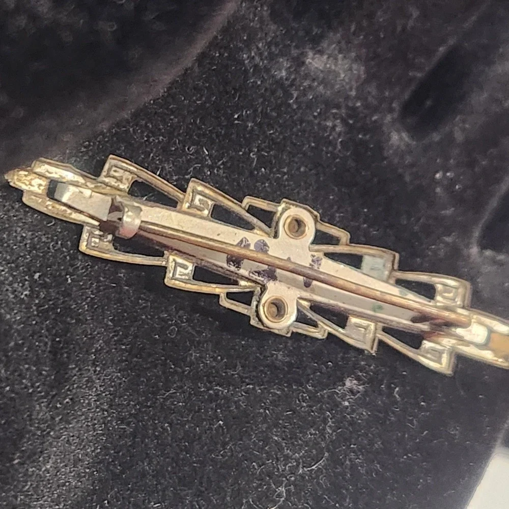 Art Deco Bar Brooch Mother‎ of Pearl Rhinestone Gold Bronze Tone Geometric VTG